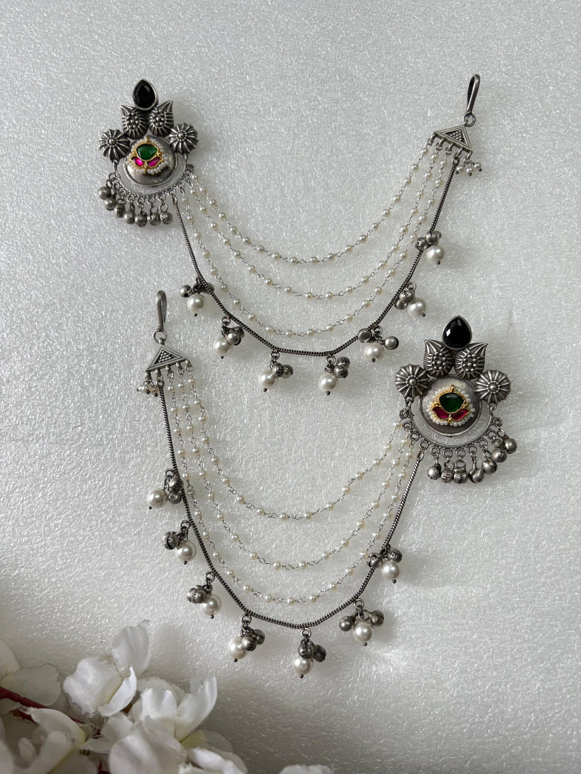 Antique Silver Long Ear Chain Earrings with Ghungroo & Pearl Layers – Traditional Ethnic Jewelry - Alankrent Luxe