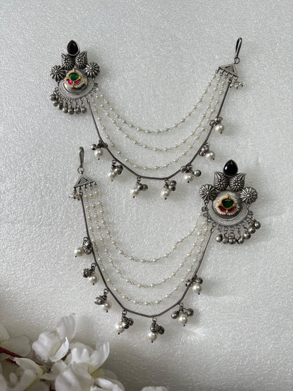 Antique Silver Long Ear Chain Earrings with Ghungroo & Pearl Layers – Traditional Ethnic Jewelry - Alankrent Luxe
