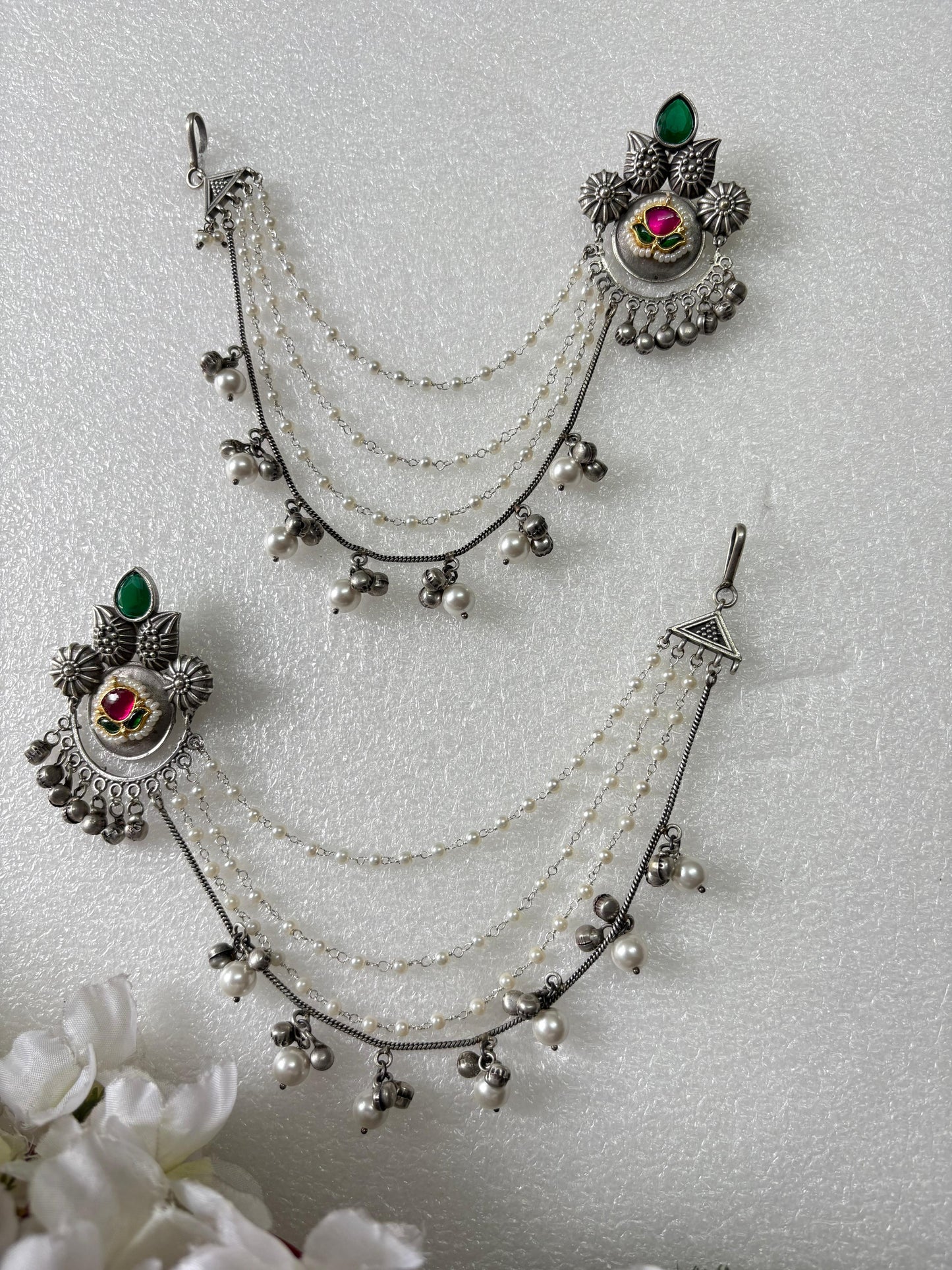 Antique Silver Long Ear Chain Earrings with Ghungroo & Pearl Layers – Traditional Ethnic Jewelry - Alankrent Luxe