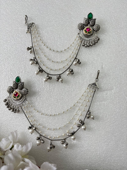 Antique Silver Long Ear Chain Earrings with Ghungroo & Pearl Layers – Traditional Ethnic Jewelry - Alankrent Luxe