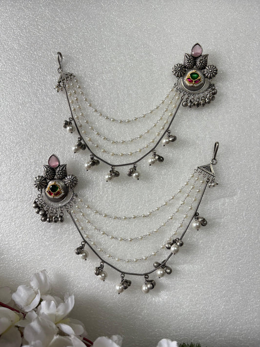 Antique Silver Long Ear Chain Earrings with Ghungroo & Pearl Layers – Traditional Ethnic Jewelry - Alankrent Luxe