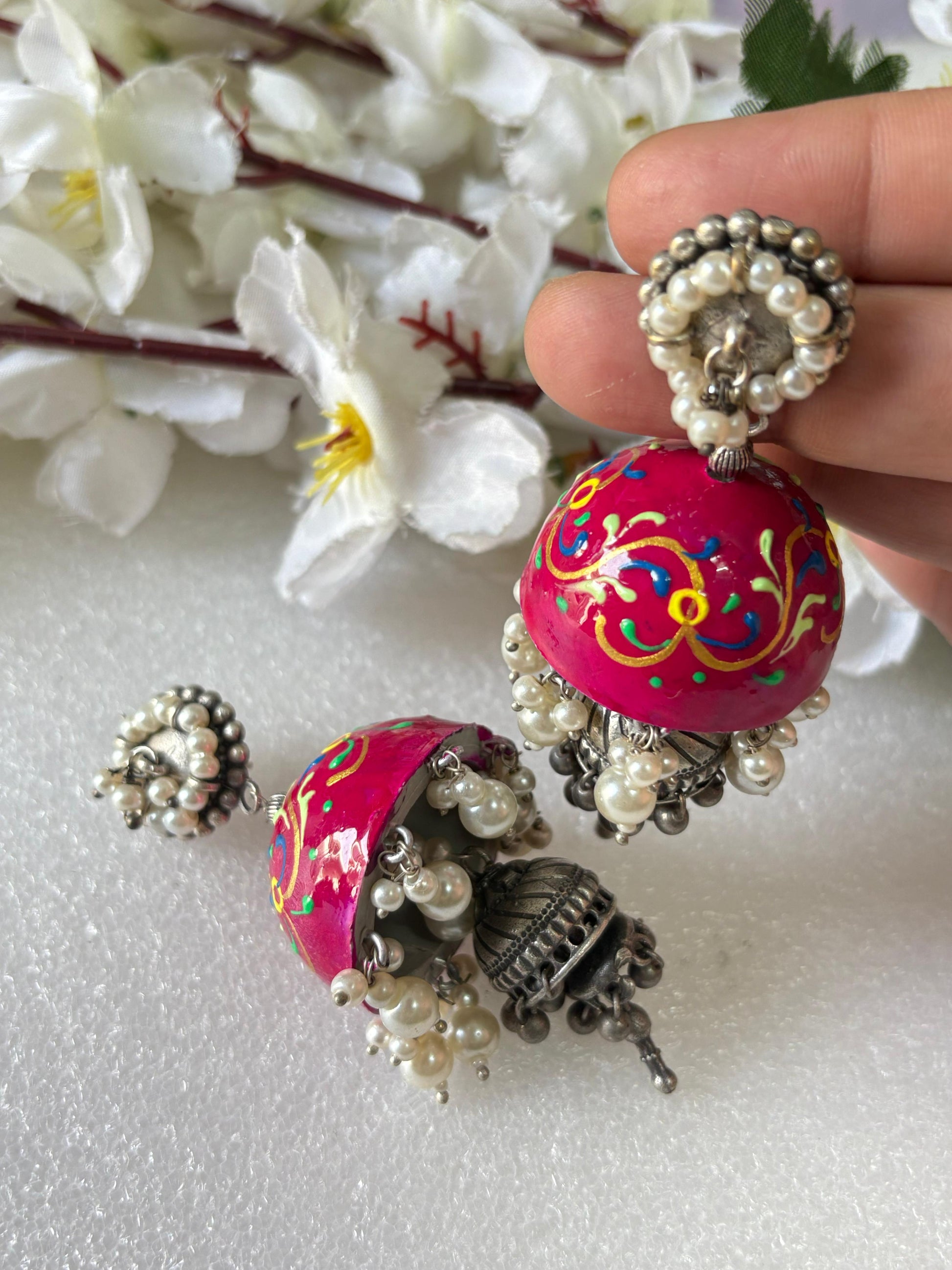 Handpainted Sabyasachi-Inspired Jhumka Earrings – Unique Designer Statement Jewelry - Alankrent Luxe