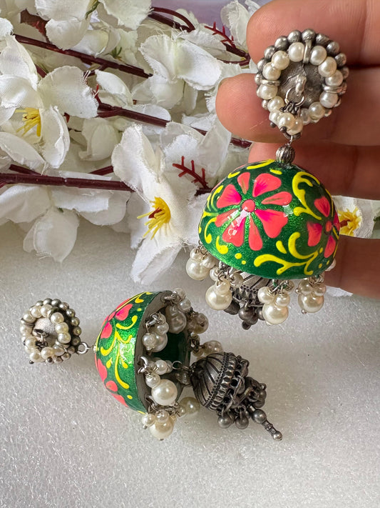 Handpainted Sabyasachi-Inspired Jhumka Earrings – Unique Designer Statement Jewelry - Alankrent Luxe