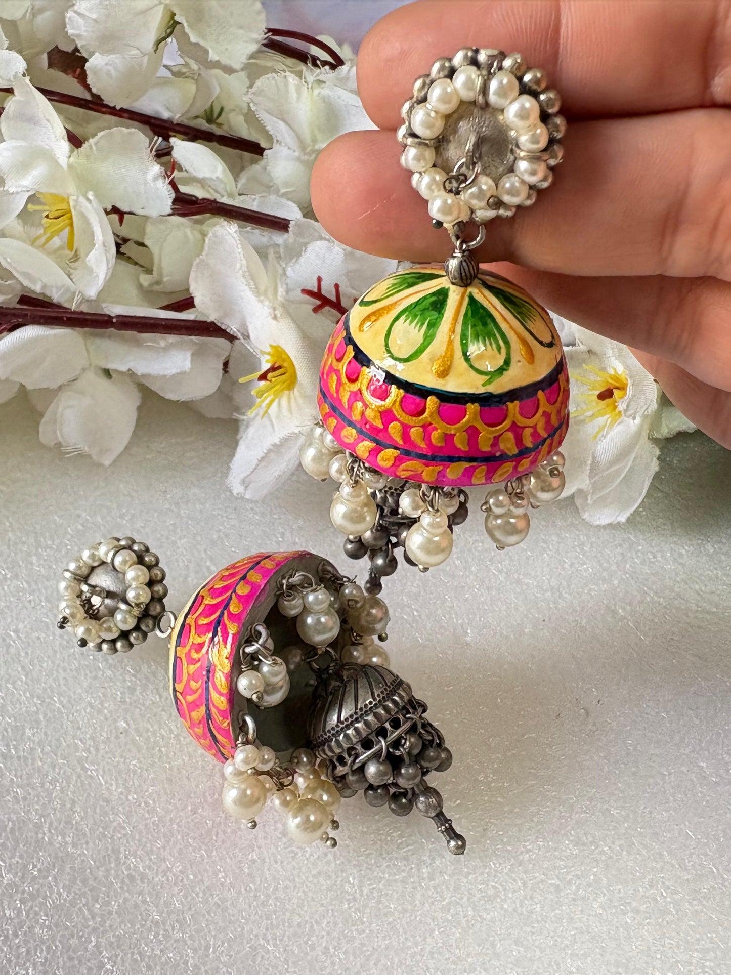 Handpainted Sabyasachi-Inspired Jhumka Earrings – Unique Designer Statement Jewelry - Alankrent Luxe