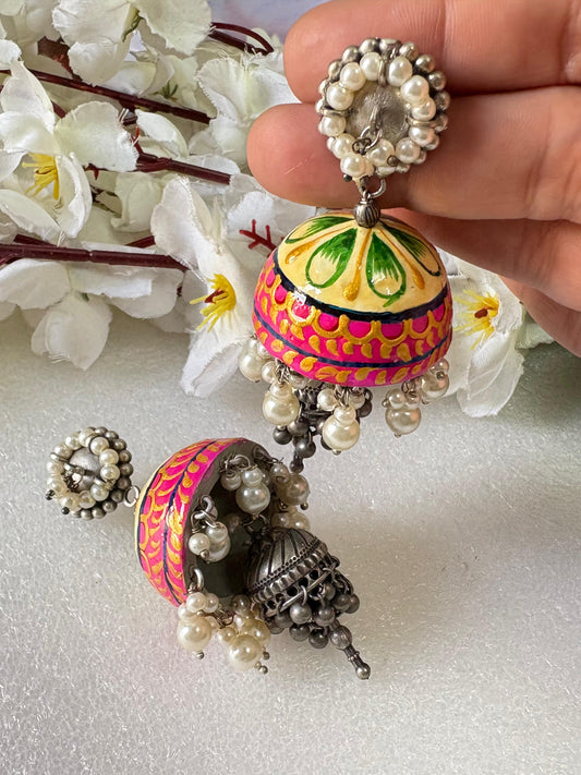 Handpainted Sabyasachi-Inspired Jhumka Earrings – Unique Designer Statement Jewelry - Alankrent Luxe