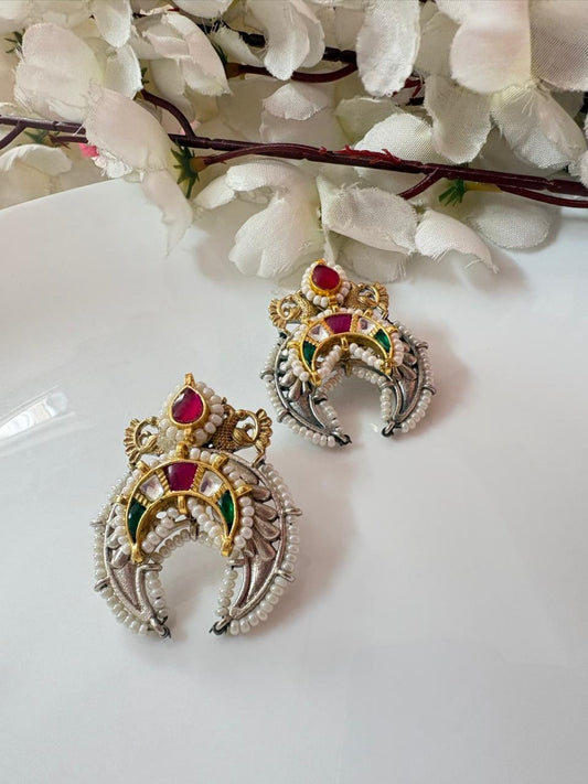 Kundan Polki Chandbali Hoops: Dual Tone Antique Pearl Earrings