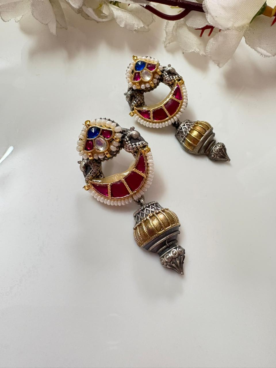Dual Tone Chandbali Earrings: Antique Polki & Meenakari Fusion Jhumkas