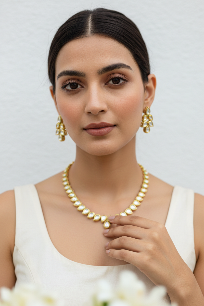 Noorja Pear Kundan Necklace Set | Gold Tone Bridal Kundan Jewellery with Stud Earrings