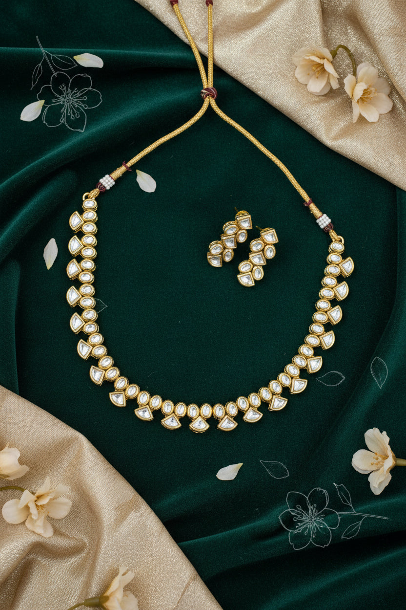 Noorika Kundan Necklace Set | Premium Gold Tone Kundan Jewellery with Statement Earrings