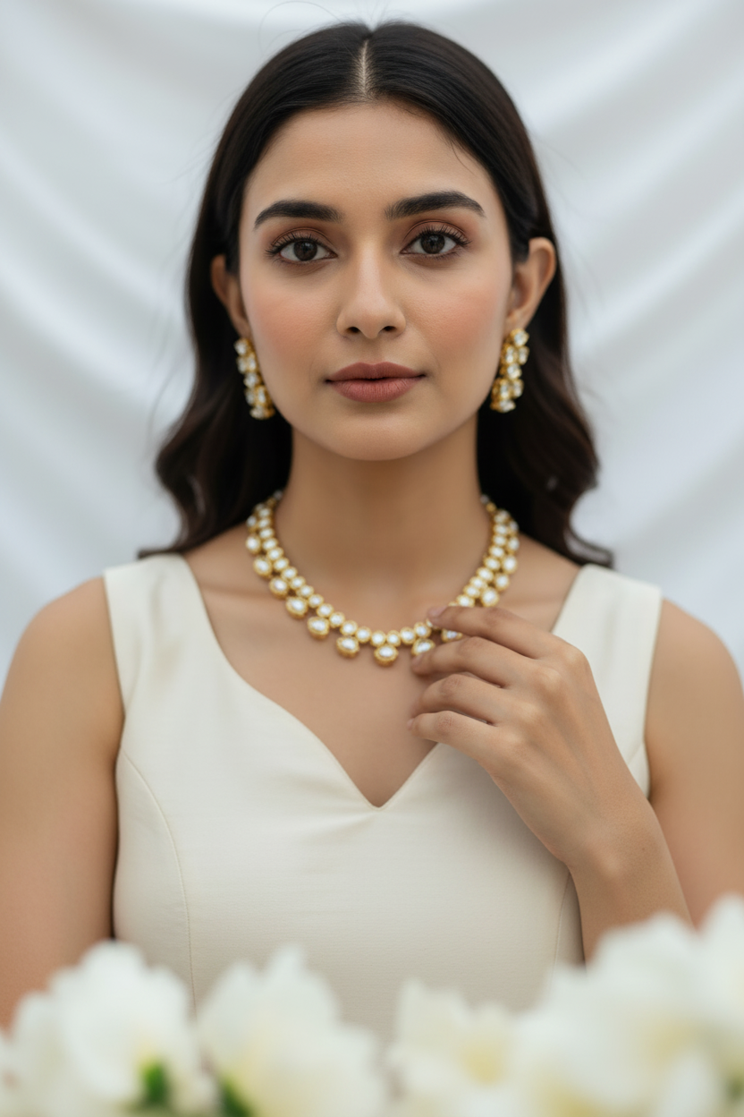 Noorika Kundan Necklace Set | Premium Gold Tone Kundan Jewellery with Statement Earrings
