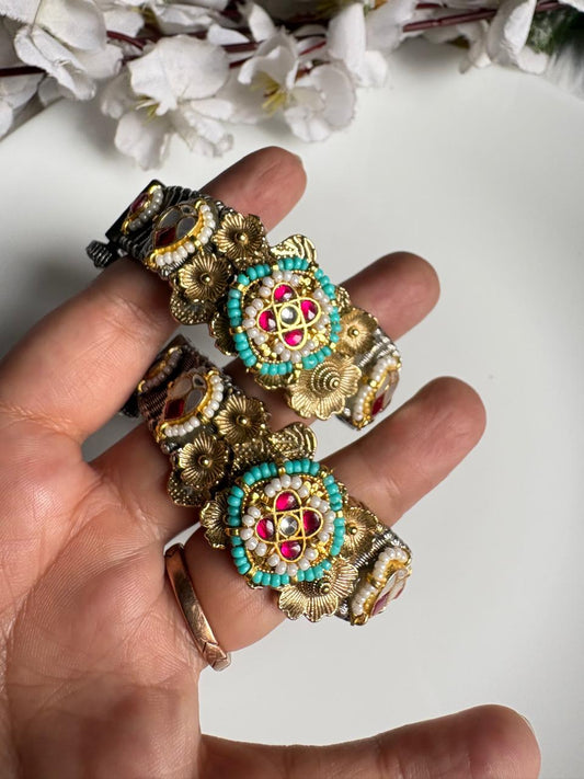 Ratnashri Dvibhāva Kundan Kada | Dual-Tone Kundan Fusion Openable Kada | Brass-Based Premium Indian Jewellery | 2.2 Size