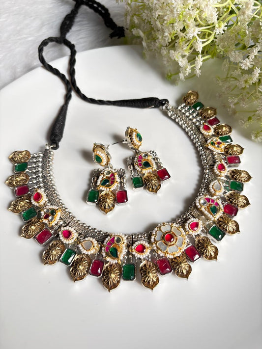 Rajatvalli Kundan Fusion Long Necklace Set | Kundan Fusion Long Necklace with Earrings | Silver Look Polish Traditional Indian Jewellery