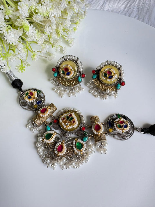 Rangtarangini Kundan Choker Set | Colourful Stone Kundan Choker Necklace with Earrings | Silver Look SLA Traditional Indian Jewellery