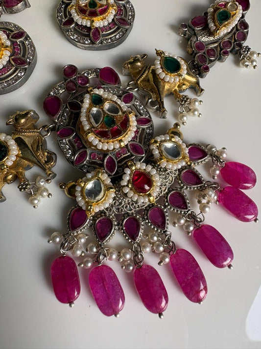 Nandivardhana Dual Tone Kundan Necklace Set | Dual Tone Nandi SLA Long Kundan Fusion Necklace with Earrings | Premium Indian Ethnic Jewellery