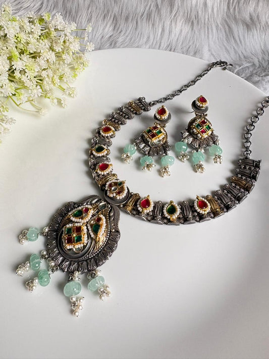 Haritprabha Dual Tone Kundan Necklace Set | Dual Tone SLA Kundan Necklace with Green Crystals | Premium Traditional Indian Jewellery