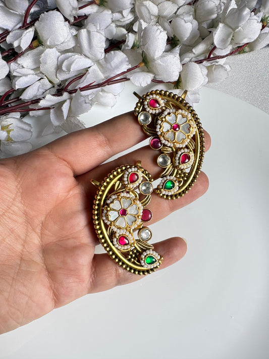 Hiranmayi Pachi Kundan Gold Ear Cuffs | Pachi Kundan Fusion Gold Stone Ear Cuffs | Traditional Indian Statement Ear Jewellery