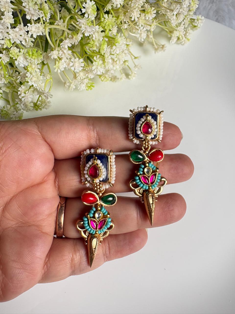 Suvarnapala Kundan Matt Earrings | Gold Matt Apala Polish Kundan Fusion Earrings | Traditional Indian Ethnic Jewellery