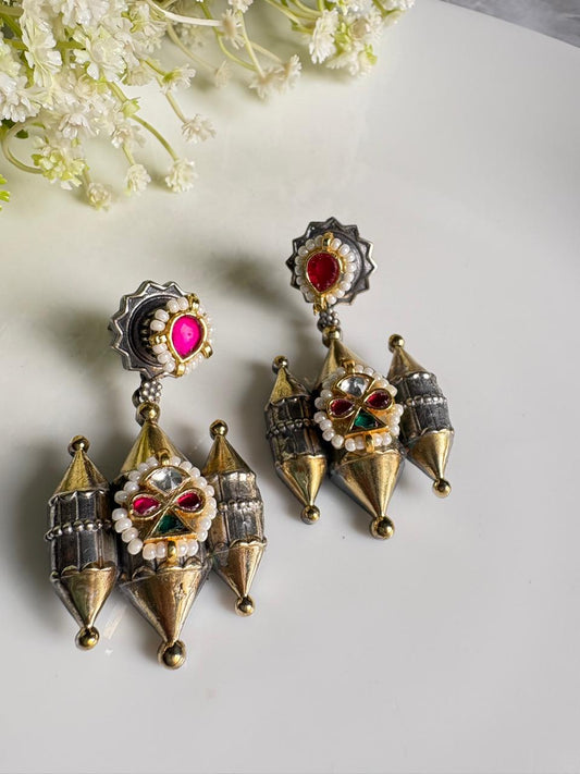 Rajavalli Dvayvarna Kundan Earrings | Dual Tone SLA Kundan Fusion Earrings | Traditional Indian Ethnic Jewellery