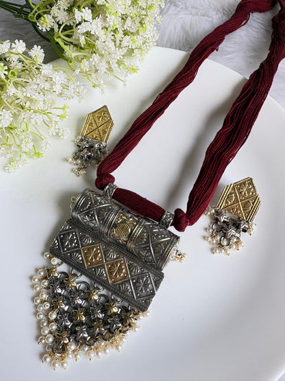 Rajatdhara Dvayvarna Thread Pendant Set | Premium SLA Dual Tone Long Thread Pendant with Earrings | Traditional Indian Ethnic Jewellery