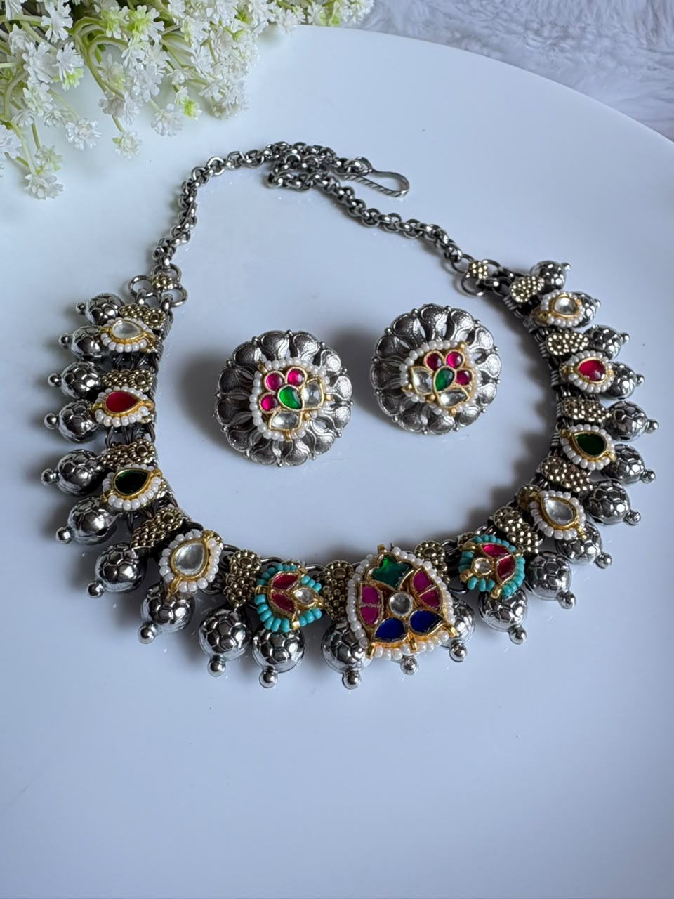 Kolhapuri Rajmukhi Choker Set | Kolhapuri Choker Necklace with Round Stud Earrings | Traditional Indian Ethnic Jewellery