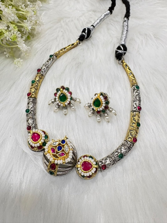 Rajatmukhi Dvayvarna Kundan Set | Minimal Dual Tone Kundan Pendant Necklace Set with Earrings & Ring | Indian Ethnic Jewellery