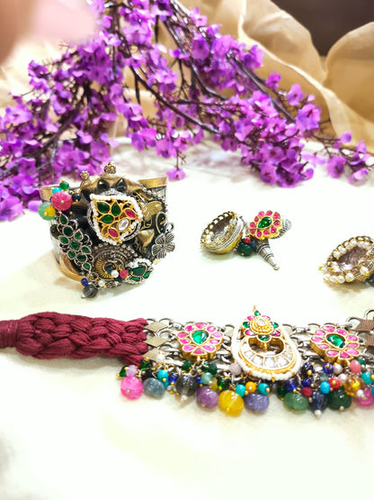 Rajrangini Dori Kundan Choker Set | Rajasthani Dori Braided Choker with Kundan Fusion Earrings | Traditional Indian Jewellery