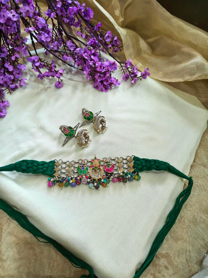 Rajrangini Dori Kundan Choker Set | Rajasthani Dori Braided Choker with Kundan Fusion Earrings | Traditional Indian Jewellery