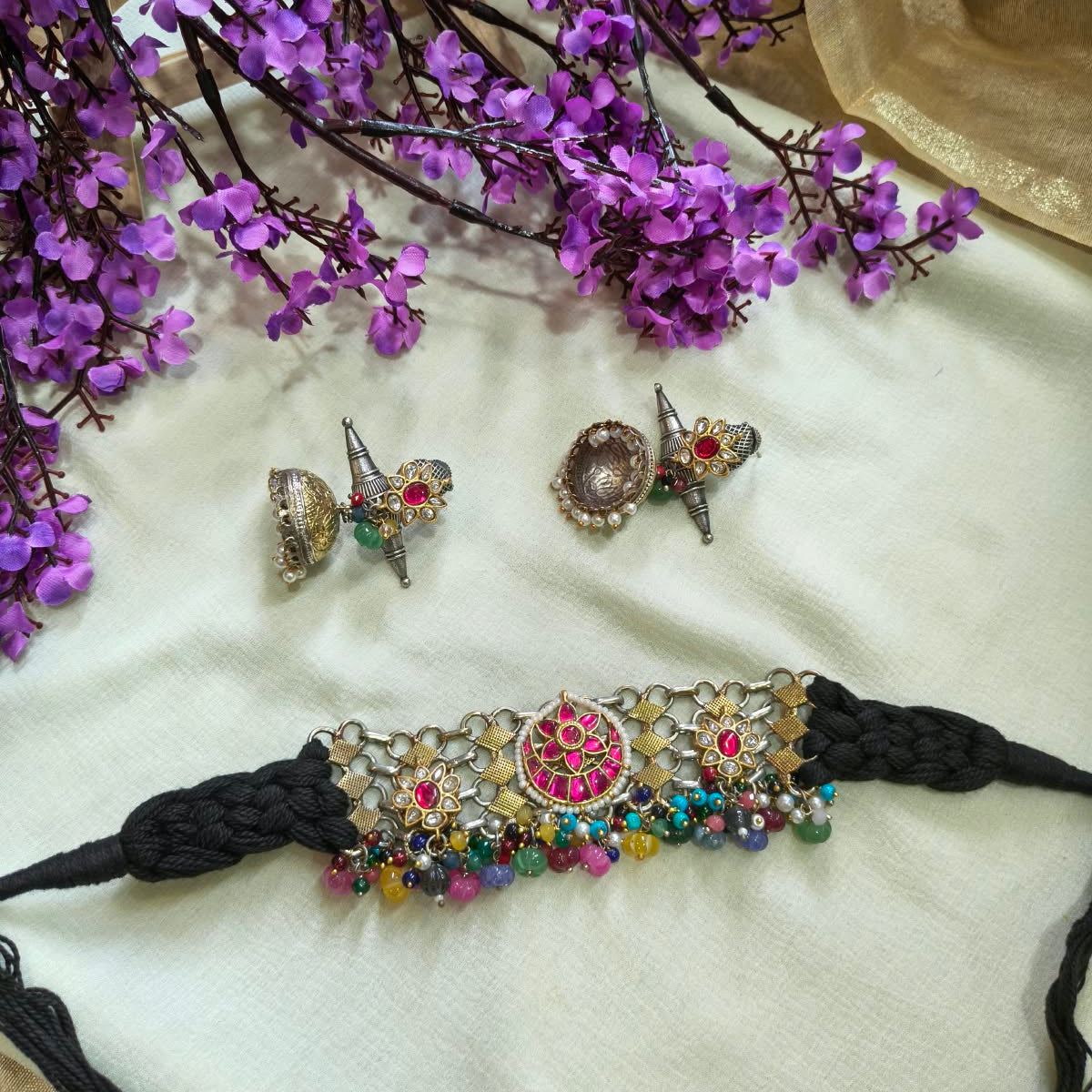Rajrangini Dori Kundan Choker Set | Rajasthani Dori Braided Choker with Kundan Fusion Earrings | Traditional Indian Jewellery