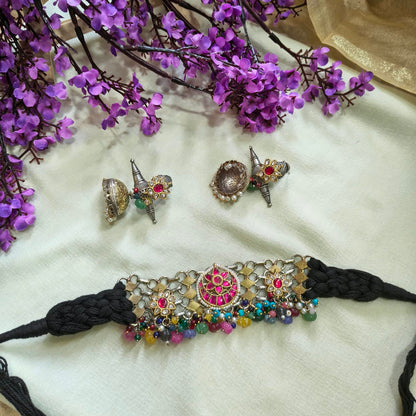Rajrangini Dori Kundan Choker Set | Rajasthani Dori Braided Choker with Kundan Fusion Earrings | Traditional Indian Jewellery