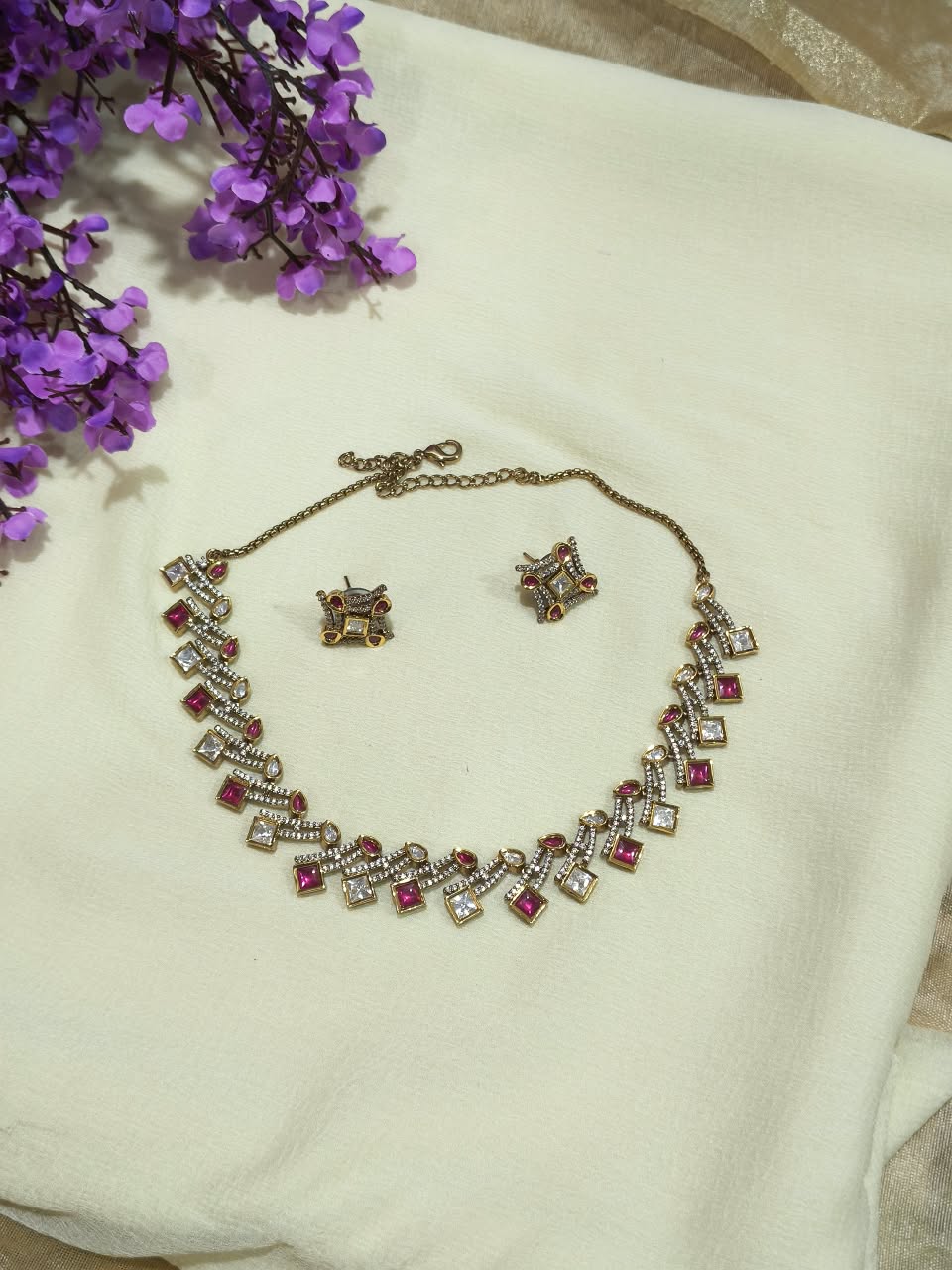 Chaturasra Polki Mohinika Necklace Set | Square Cut Polki Moissanite Necklace with Earrings | Elegant Indian Jewellery