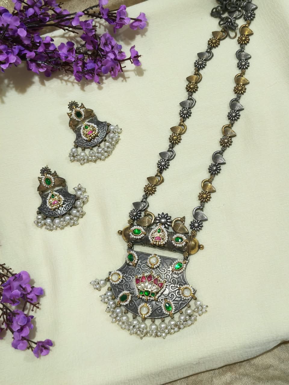 Rajatdhara German Silver Fusion Haar | German Silver Fusion Long Necklace with Earrings | Traditional Indian Ethnic Jewellery