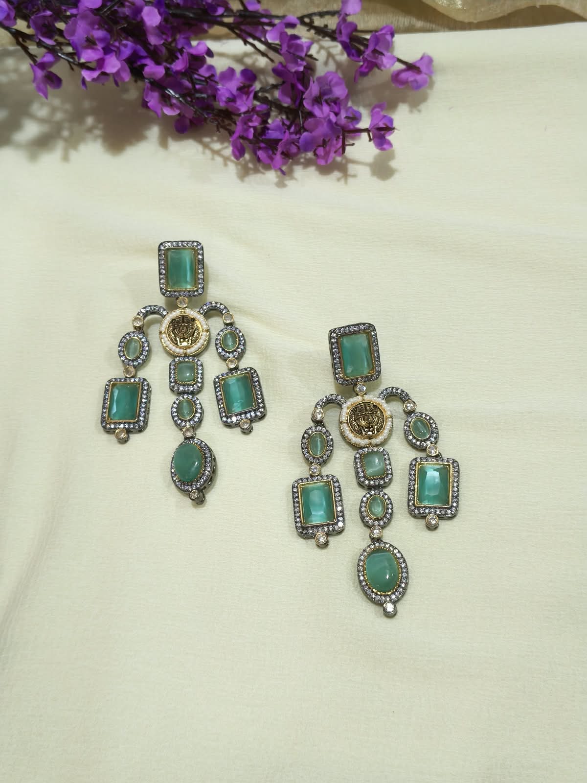Haritashyam Sea Green Statement Earrings | Sabyasachi Inspired Sea Green Statement Earrings | Traditional Indian Ethnic Jewellery