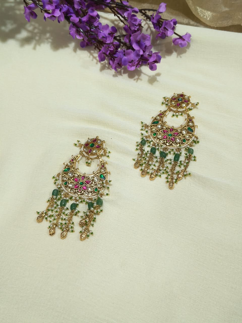 Amdavadi Pachi Chandravali | Ahmedabadi Pachi Kundan Chandbali Earrings | Traditional Indian Ethnic Jewellery