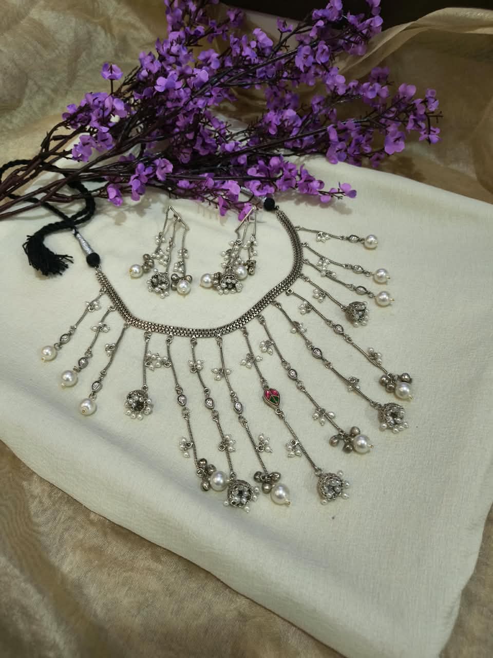 Lambodari Lamba Tassel Haar Set | Long Tassels Fusion Necklace with Earrings | Stylish Indian Ethnic Jewellery