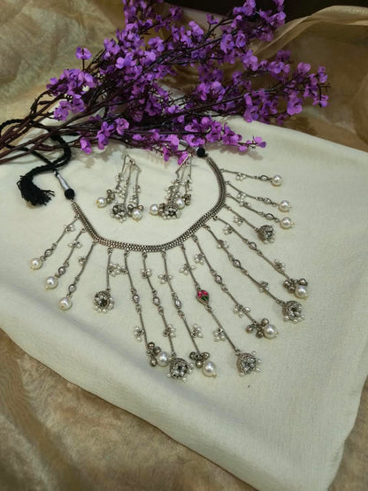 Lambodari Lamba Tassel Haar Set | Long Tassels Fusion Necklace with Earrings | Stylish Indian Ethnic Jewellery