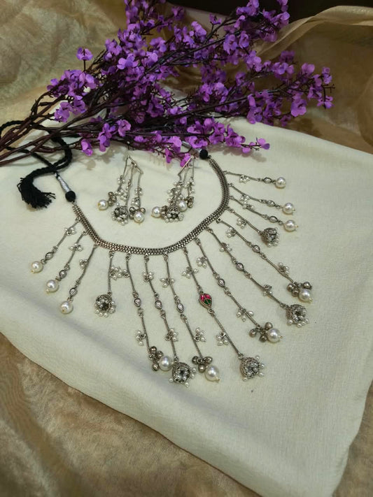 Lambodari Lamba Tassel Haar Set | Long Tassels Fusion Necklace with Earrings | Stylish Indian Ethnic Jewellery