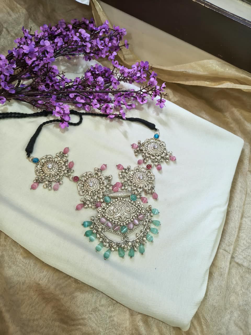 Rajatmukta Pastel Prabhā Choker | Silver Lookalike Statement Choker with Pastel Pearl Drops | Indian Ethnic Jewellery