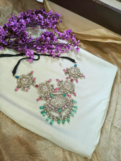 Rajatmukta Pastel Prabhā Choker | Silver Lookalike Statement Choker with Pastel Pearl Drops | Indian Ethnic Jewellery