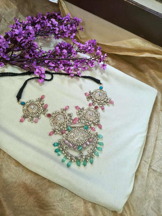 Rajatmukta Pastel Prabhā Choker | Silver Lookalike Statement Choker with Pastel Pearl Drops | Indian Ethnic Jewellery