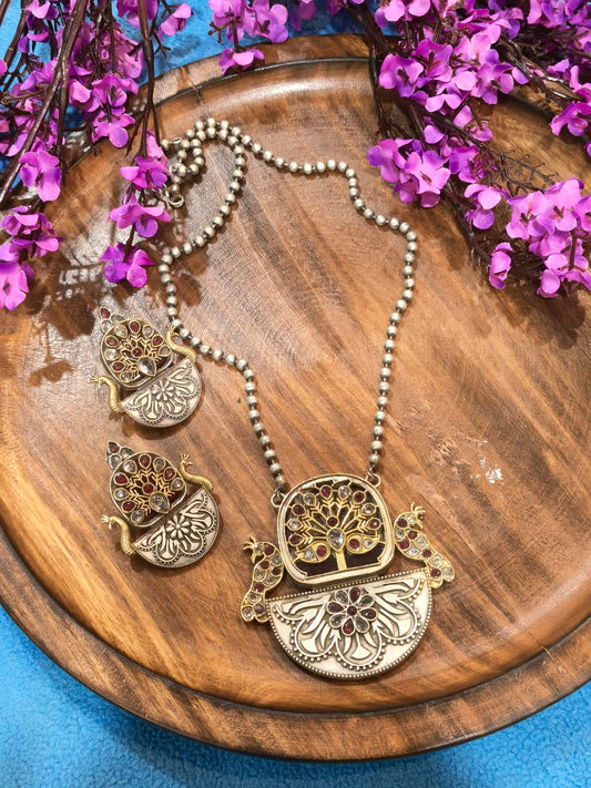 Rajatarang German Silver Pendant Set | German Silver Long Pendant Necklace Set with Earrings | Traditional Indian Ethnic Jewellery