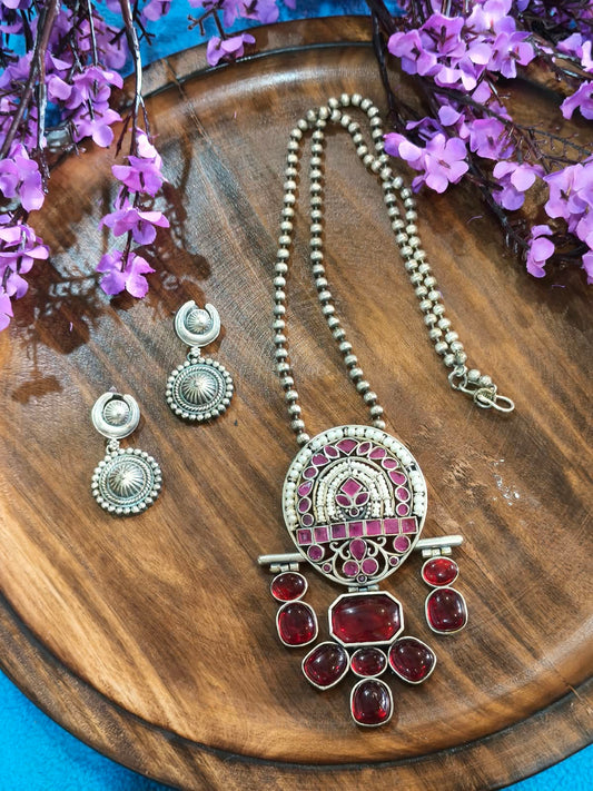 Maniratna Monalisa Pendant Haar Set | Monalisa Stone Pendant Long Necklace with Earrings | Elegant Indian Ethnic Jewellery