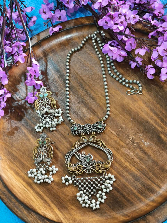 Mayuradhara Muktavali Pendant Haar Set | Peacock Pearl Drop Pendant Long Necklace with Earrings | Traditional Indian Jewellery