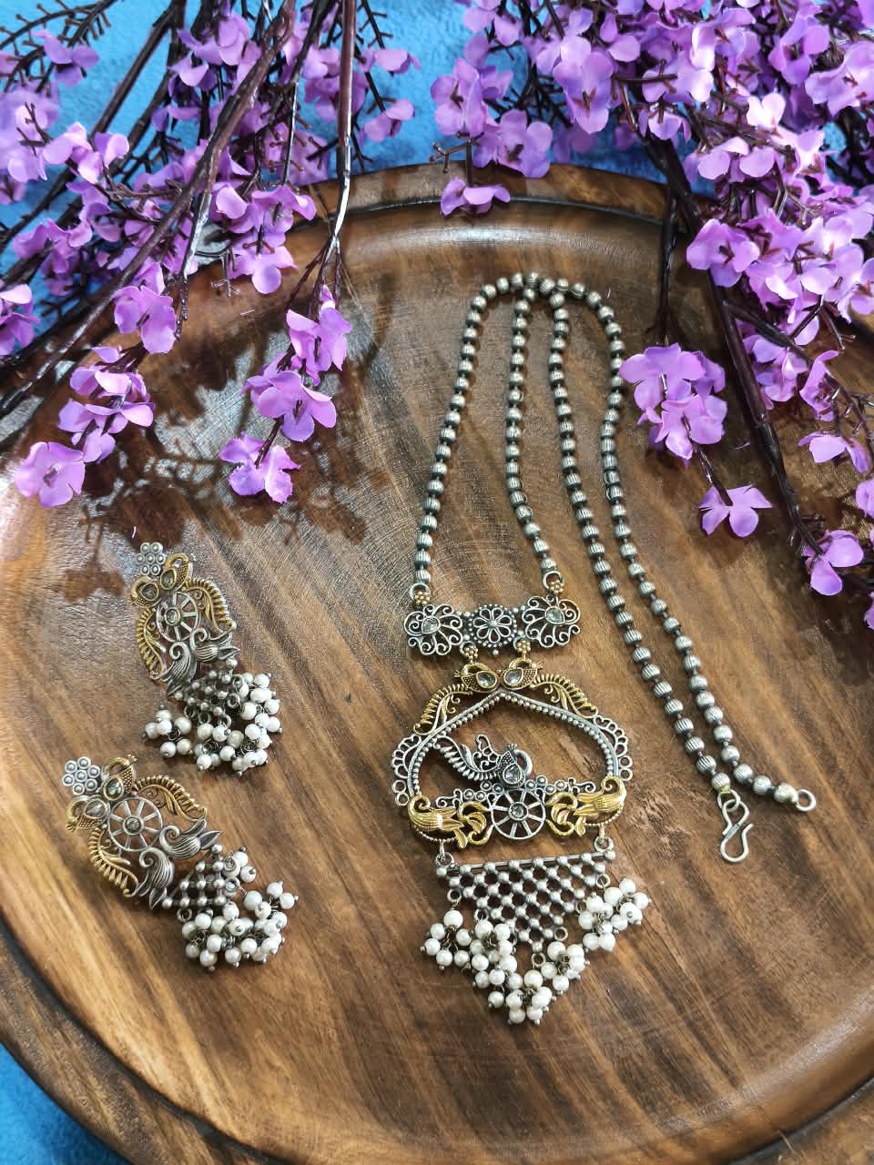 Mayurika Muktadhara Long Haar Set | Peacock Pearl Drop Pendant Long Necklace with Earrings | Traditional Indian Jewellery