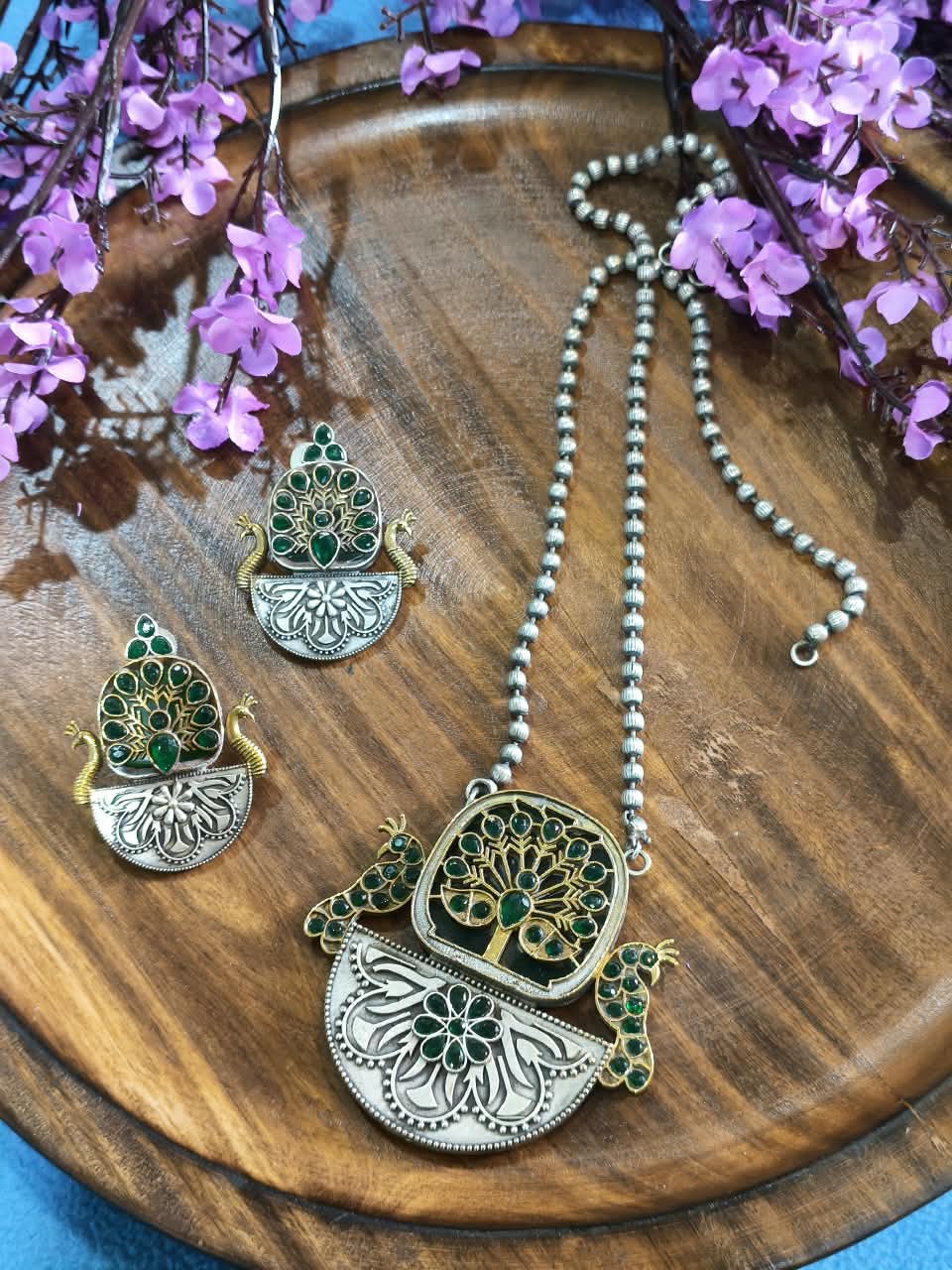 Harit Rajatdhara German Silver Haar Set | German Silver Green Long Pendant Set with Earrings | Traditional Indian Ethnic Jewellery