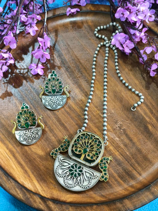 Harit Rajatdhara German Silver Haar Set | German Silver Green Long Pendant Set with Earrings | Traditional Indian Ethnic Jewellery