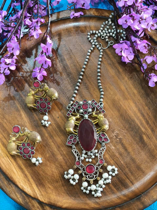 Raktamani Monalisa Pendant Haar Set | Monalisa Ruby Stone Pendant Long Necklace with Earrings | Traditional Indian Jewellery