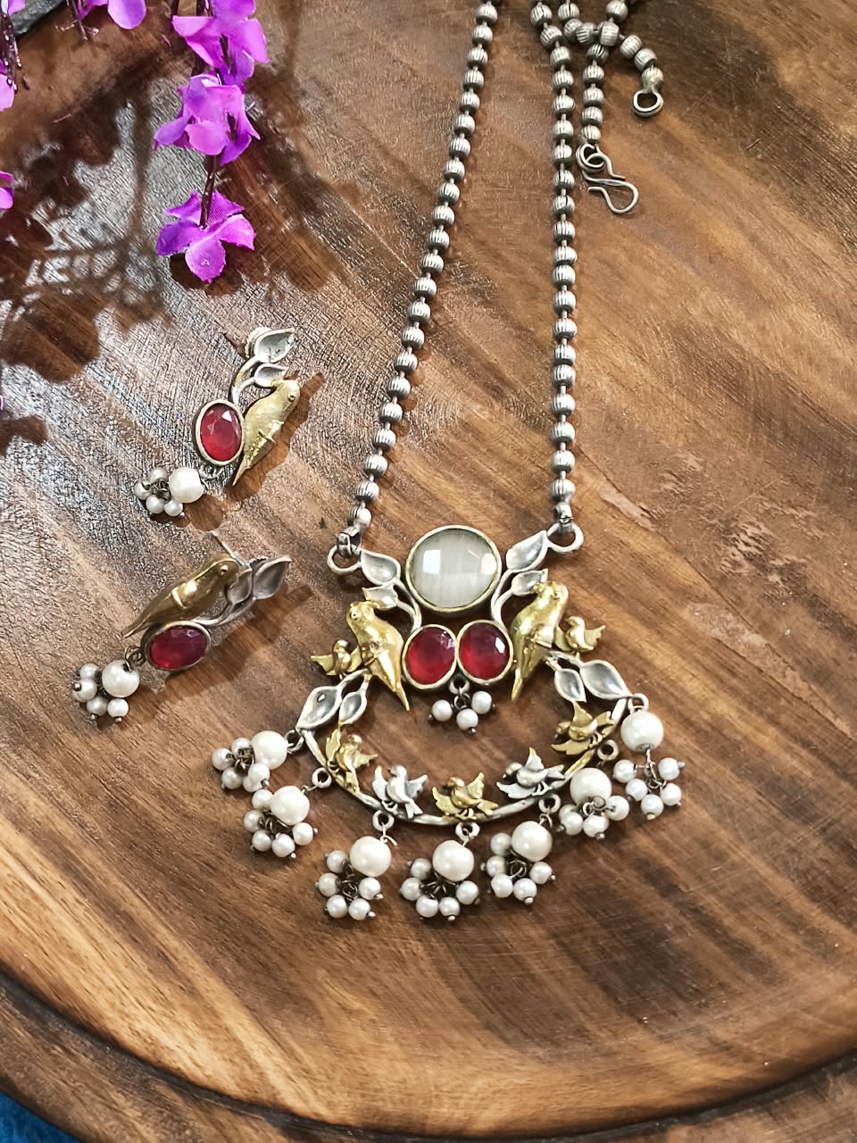 Rajatkala German Silver Darpan Haar Set | German Silver Long Pendant Set with Earrings | Traditional Indian Ethnic Jewellery