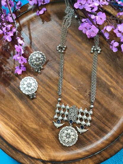 Rajatdhara Chandrakanti Haar Set | Silver Lookalike Long Necklace with Earrings | Traditional Indian Ethnic Jewellery
