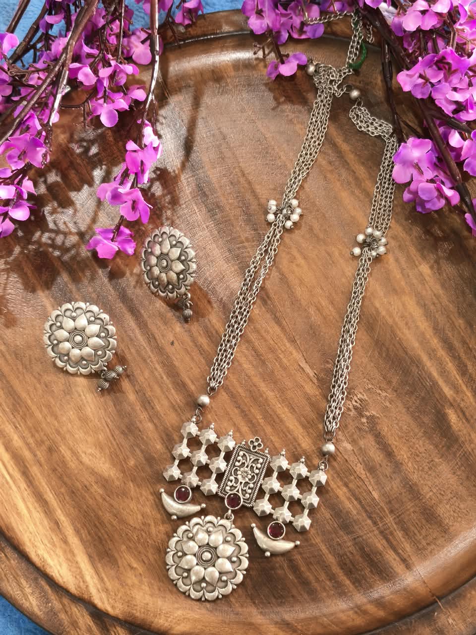 Rajatdhara Chandrakanti Haar Set | Silver Lookalike Long Necklace with Earrings | Traditional Indian Ethnic Jewellery