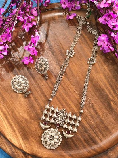 Rajatdhara Chandrakanti Haar Set | Silver Lookalike Long Necklace with Earrings | Traditional Indian Ethnic Jewellery